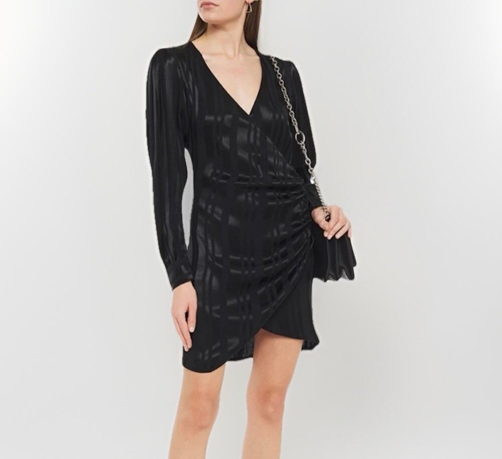 Anine Bing Penelope Striped Black Satin Jacquard Mini Faux Wrap Dress Large